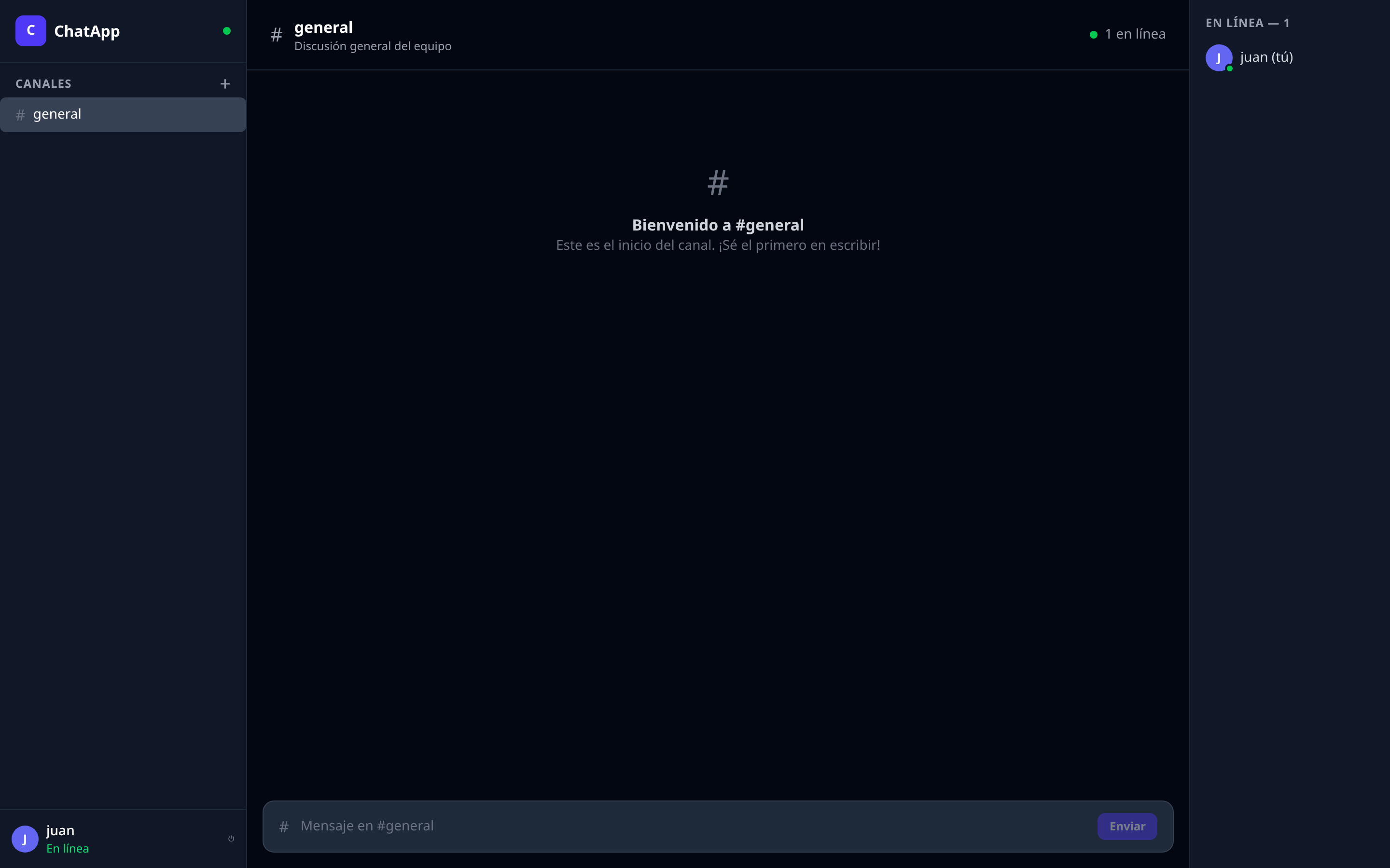 Estado vacío del canal #general en ChatApp, mostrando el sidebar de canales, la cabecera del canal y el mensaje de bienvenida